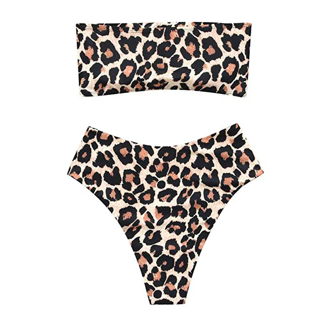 

Women Sexy Leopard Two Piece Swimwear Print Tube up Two Pieces Bikini Push-Up Swimsuit With Pad Swimwear Casual Beachwear