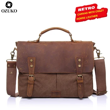 

Vintage Men's Canvas Messenger Bag Luxury Crazy Horse Leather Men Laptop Briefcase Tote Famous Brand Crossbody Shoulder Bag 2020