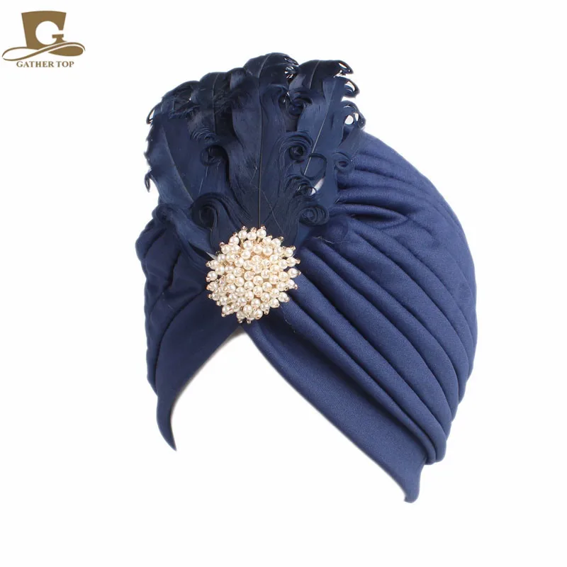 Женское винтажное платье со стразами, украшенное перьями и тюрбаном, головной убор, бриллиантовая отличная шляпа в стиле Гэтсби, аксессуары для волос - Цвет: navy blue