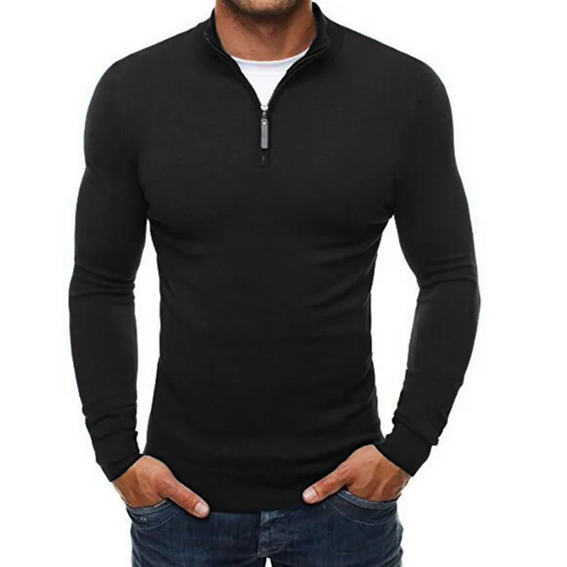 MoneRffi Повседневный свитер на молнии со стоячим воротником, мужские тонкие вязаные топы, мужские Модные однотонные свитера, пуловер высокого качества, дизайн - Цвет: Черный