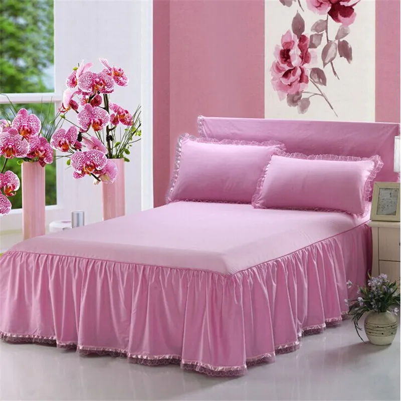 100 cotton bedspread 3pcs Pure color bed skirt with nylon lace mattress protective case cover