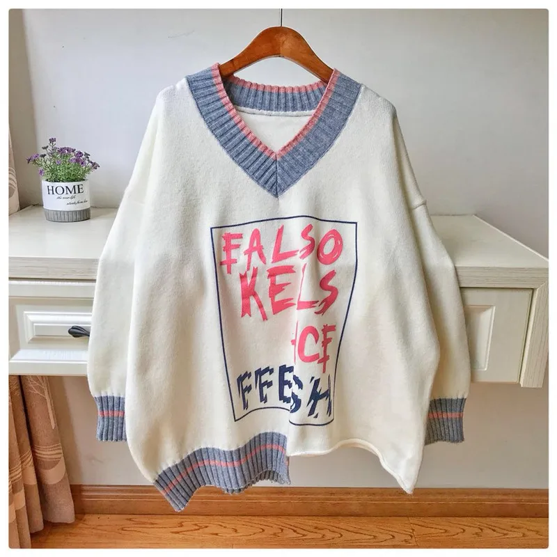 

V-neck women sweater head loose 2019 spring new thick Korean version of lazy wind long-sleeved net red knit shirt tide