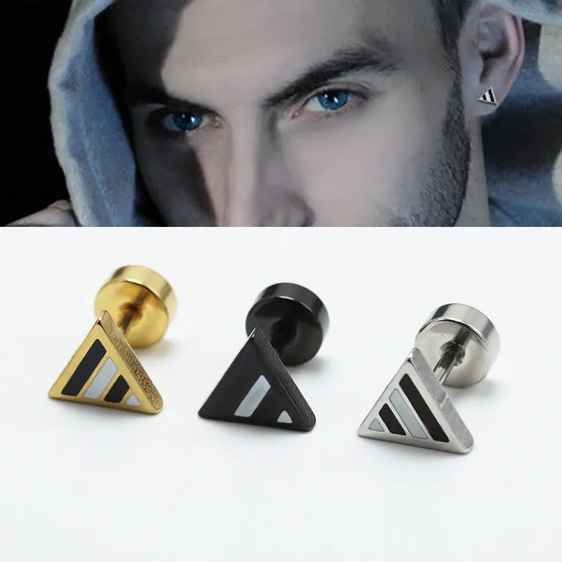 1Pair Fashion Punk Men's Stud Earrings Triangle  Ear Studs Oil Drip Stripes Titanium Steel Anti-allergic Piercing Jewelry New0