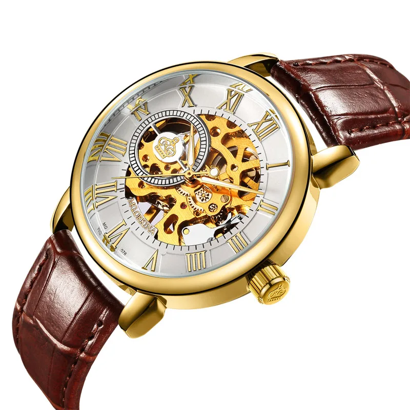 Мужские часы, автоматические механические часы, мужские роскошные брендовые модные часы с полым циферблатом, повседневные Серебристые часы из нержавеющей стали - Цвет: brown gold white