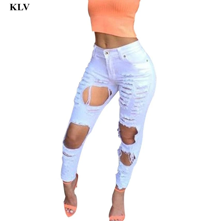 

Women Damin Pants Hole High Waisted Skinny Denim Pants Slim Elastic Jeans Trousers Mujer Au30