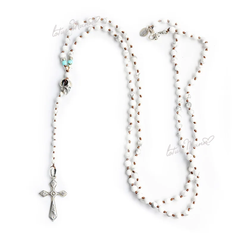 Lotus mann sterling silver white turquoise cross design long necklace