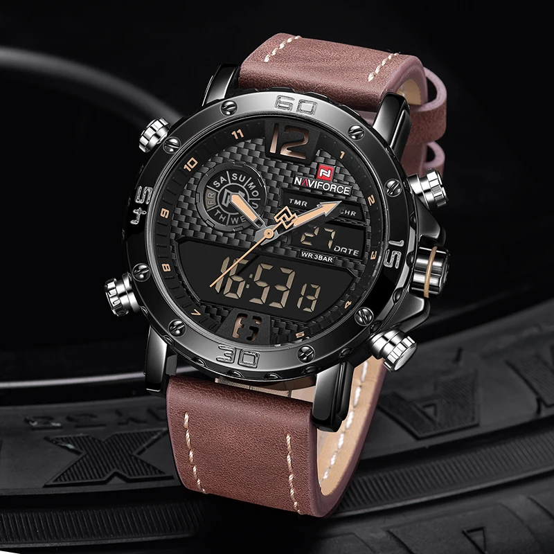 Tanie Oryginalny NAVIFORCE podwójny wyświetlacz zegarek kwarcowy cyfrowy mężczyźni zegarki marka wojskowy męska LED cyfrowy zegarek wodoodporny mężczyzna zegar