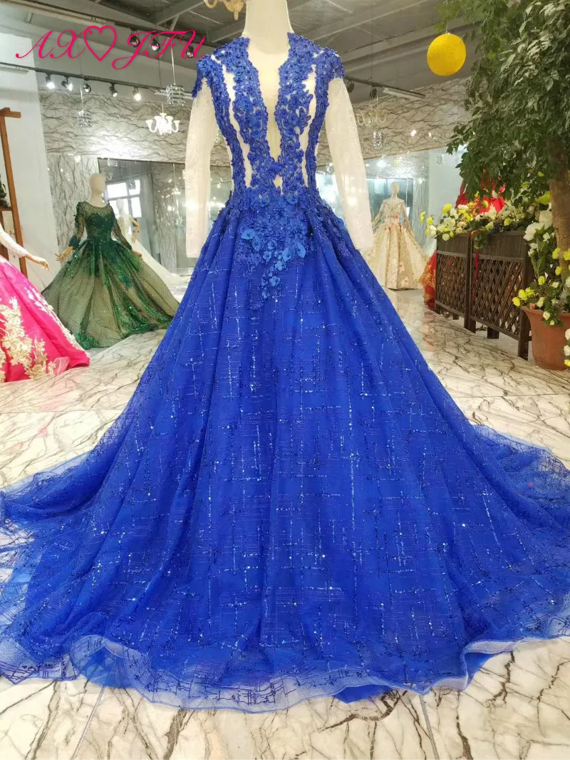 AXJFU Роскошные Принцесса Royal Blue кружева вечернее платье винтажные Круглая горловина бисером цветок Королевский синий вечернее платье 100%