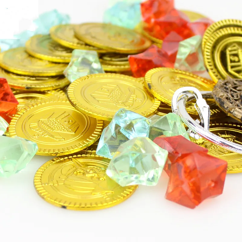 

60Pcs Pirates Costume Props Set Pirate Eye Patch Eyeshade Cover Gold Coins Pirate Gems Jewelry Treasure Box Kid's Party Supply