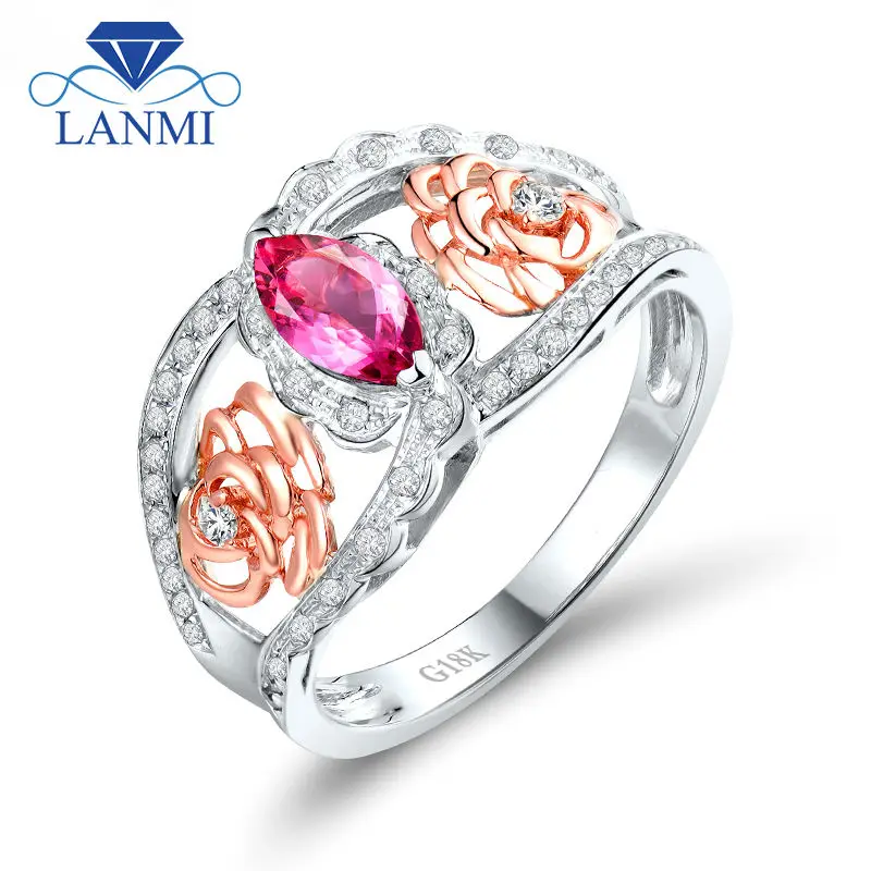 Marquise Cut Pink Tourmaline Engagement Ring With Natural Diamond 18K Two Tone Gold Jewelry for Women SR00133