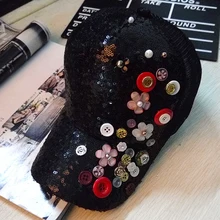 Ручной работы кнопки цветок Сращенные Козырьки Шляпы женские черные уличные модные Кепка с блёстками повседневные путешествия на открытом воздухе дышащие бейсболки с сетчатыми вставками