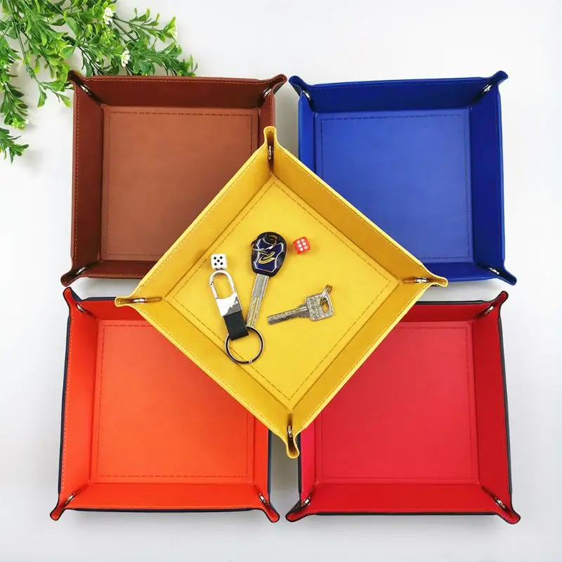 

Foldable Desktop Storage Box PU Leather Quadrilateral Tray DND Dice Key Coin Box