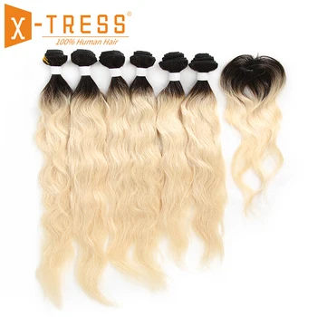 

X-TRESS Peruvian Natural Wave Human Hair Weave 6 Bundles With Closure Ombre Black Blonde 613 Color Non Remy Hair Weft Extensions
