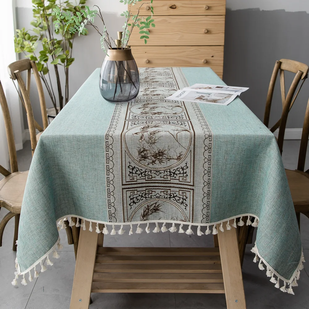 Luxury Embroidered Tablecloth Upscale Linen Cotton Relief Painting Pattern Table cloth Pendant Deco