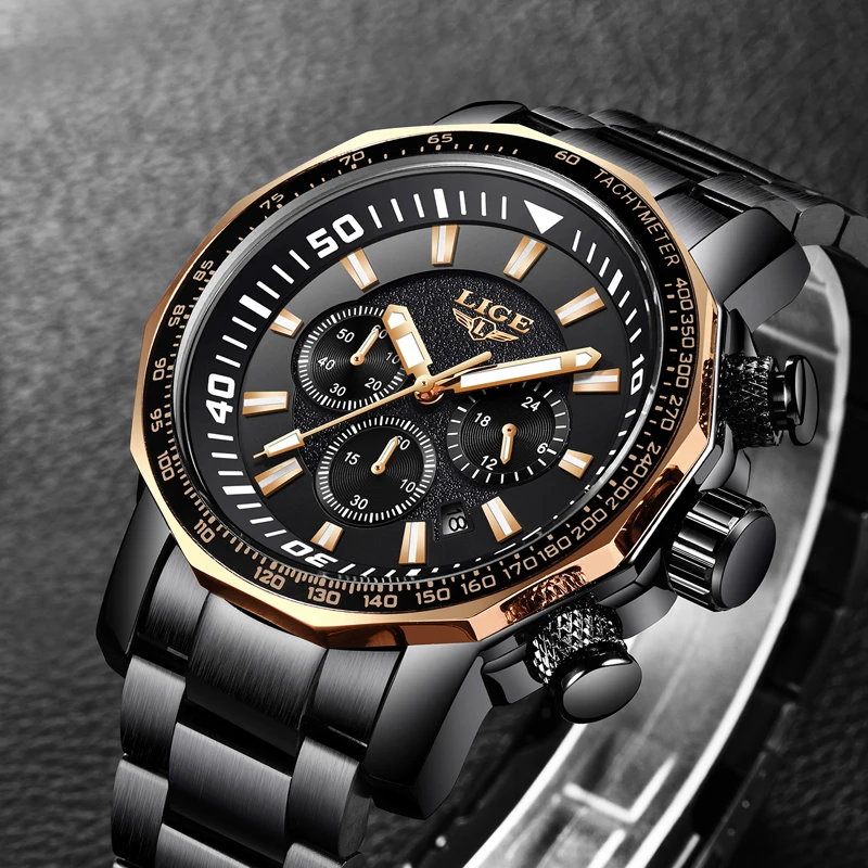 LIGE Top Luxury Brand Men's Quartz Watches Business Big Dial Fashion Casual Waterproof Stainless Steel Black Watch Male Clock