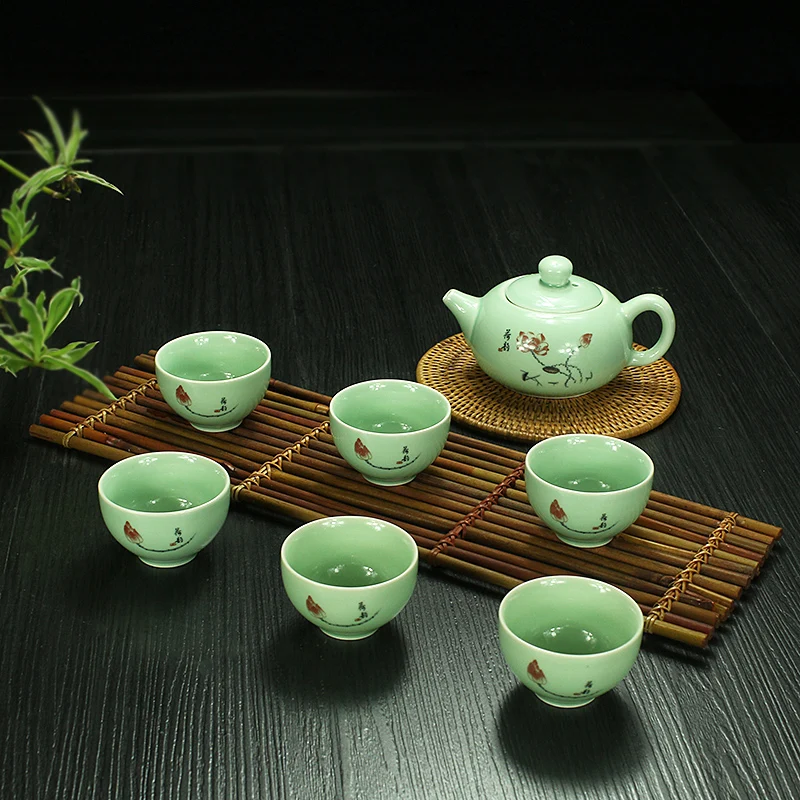 7 Pcs,lotus,green porcelain,Ceramic teaset, Gongfu Tea Set, suit for