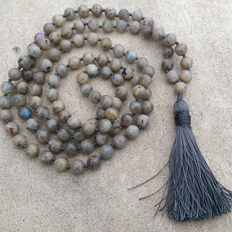 8 мм камня лабрадорита серый кисточкой традиционной ручной работы из 108 шарик Медитация Мала Цепочки и ожерелья Корона Йога рейки ювелирные изделия
