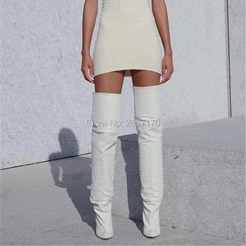 

Fashion Runway Womens Shoes Stiletto High Heels Pointed Toe Long Botas Over The Knee Kim Kardashian White Suede Thigh High Boots