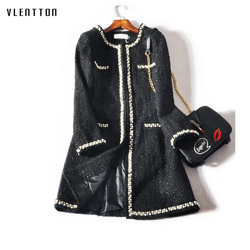 

2019 New Plus Size Trench Coat Woman Pearls Long Tweed Women's Coats autumn Winter Casual Long Sleeve Women's Windbreaker