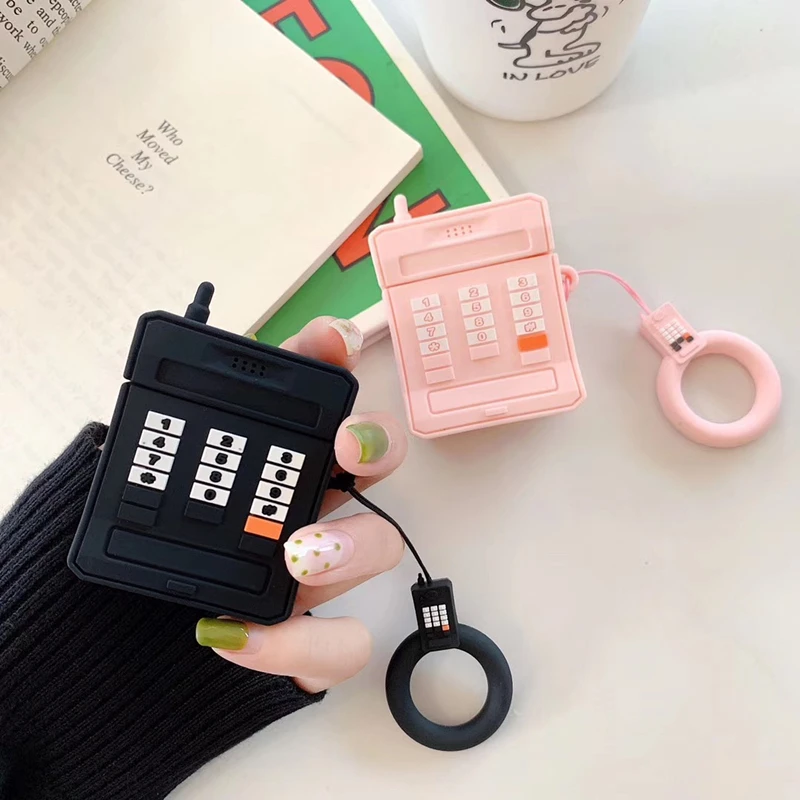 

Cute 3D retro mobile phone silicone ring lanyard protection Wireless Earphone Charging case for AirPods 1 2 Bluetooth Headset