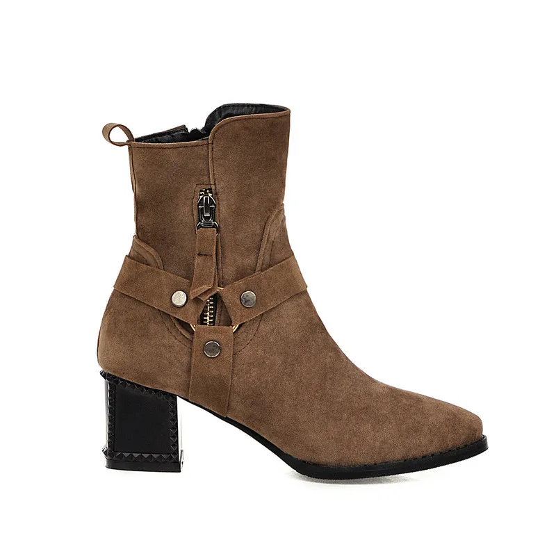 

2019 New Flock Ankle Boots Women for Autumn Winter Fashion Pointed Toe Zipper Metal Button Woman Chelsea Boots Plus Size 34-43