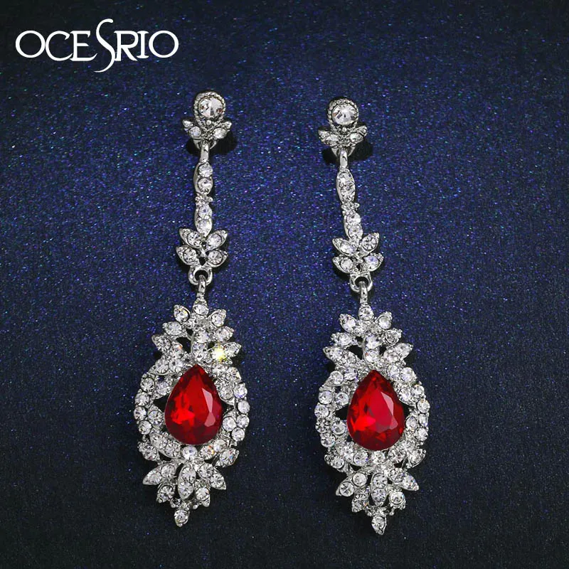 

OCESRIO Top Red Earrings hanging Silver Zirconia Pendientes Long Earrings for women Wedding Fashion Jewelry Party brinco ers-h50