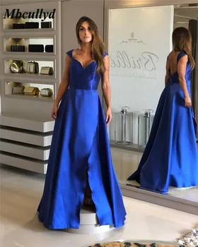 

Mbcullyd Royal Blue Prom Dresses 2019 Sexy V-neck Side Split Party For Women Cheap Backless Satin vestidos de fiesta de noche