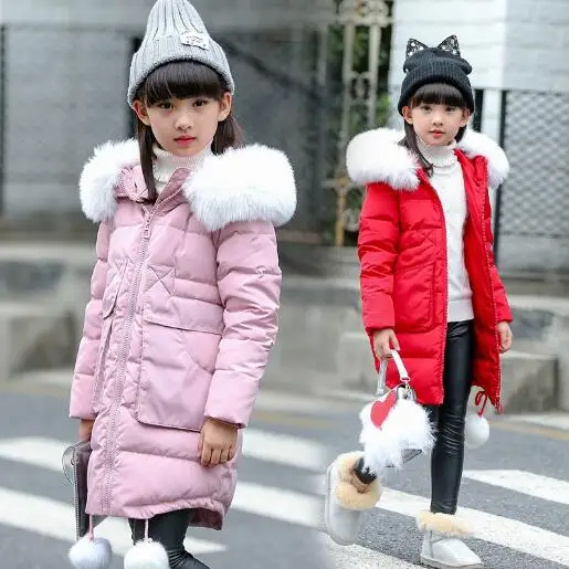 Teenage Girls Winter Long Padded Jacket Children Winter Coat Kids Warm Thick Fur Collar Hooded Down Coats For Girls 6 8 12 Years cartoon rabbit winter girls parka coats thick warm hooded children outerwear 5 14 years teenage kids sweater coat for girls