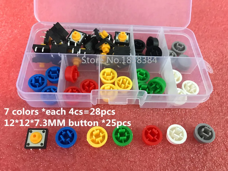 

8Types=53PCS Tactile Push Button Switch Momentary 12*12*7.3MM Micro switch button + 25PCS Tact Cap(5 colors) for Arduino
