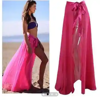 

Sexy Women Chiffon Beach Bow Asymmetrical Solid High Waist Long Skirt