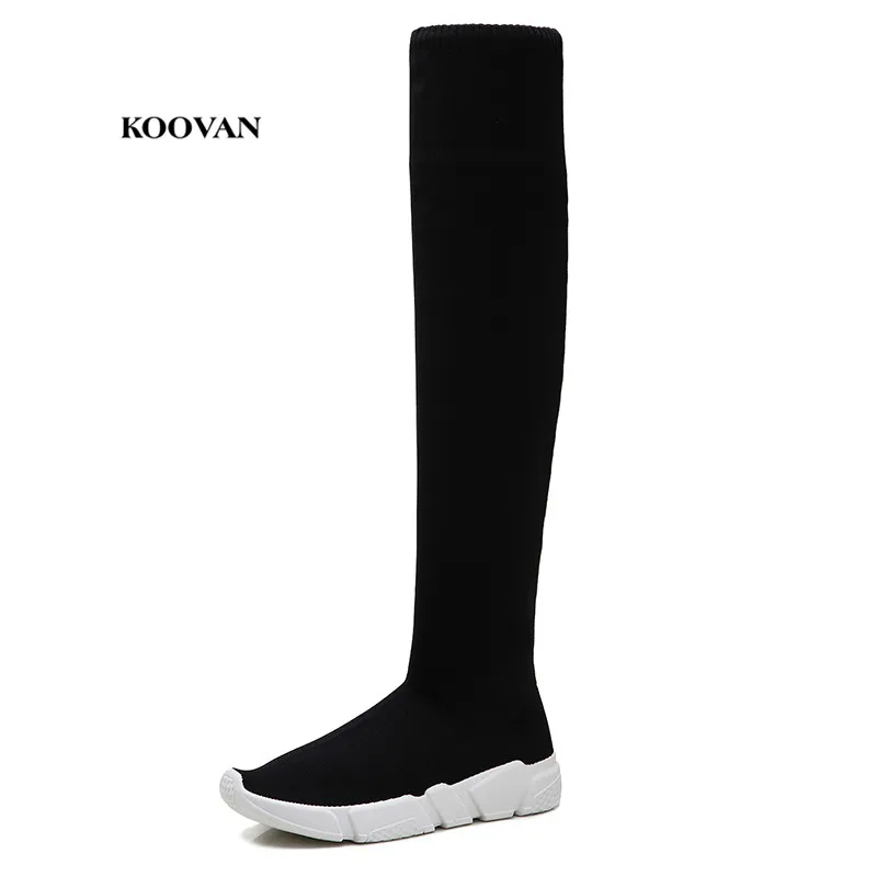 Koovan/женские ботфорты выше колена обувь с высоким голенищем г. Новые тонкие эластичные высокие женские сапоги для девушек пикантные носки на плоской подошве - Цвет: black high