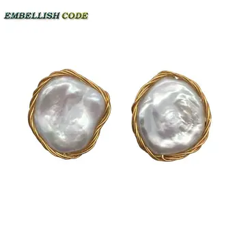 

2018 NEW AB style Design Hand made jewelry elegant Irregular pearl golden color flat flower real natural pearls stud earrings