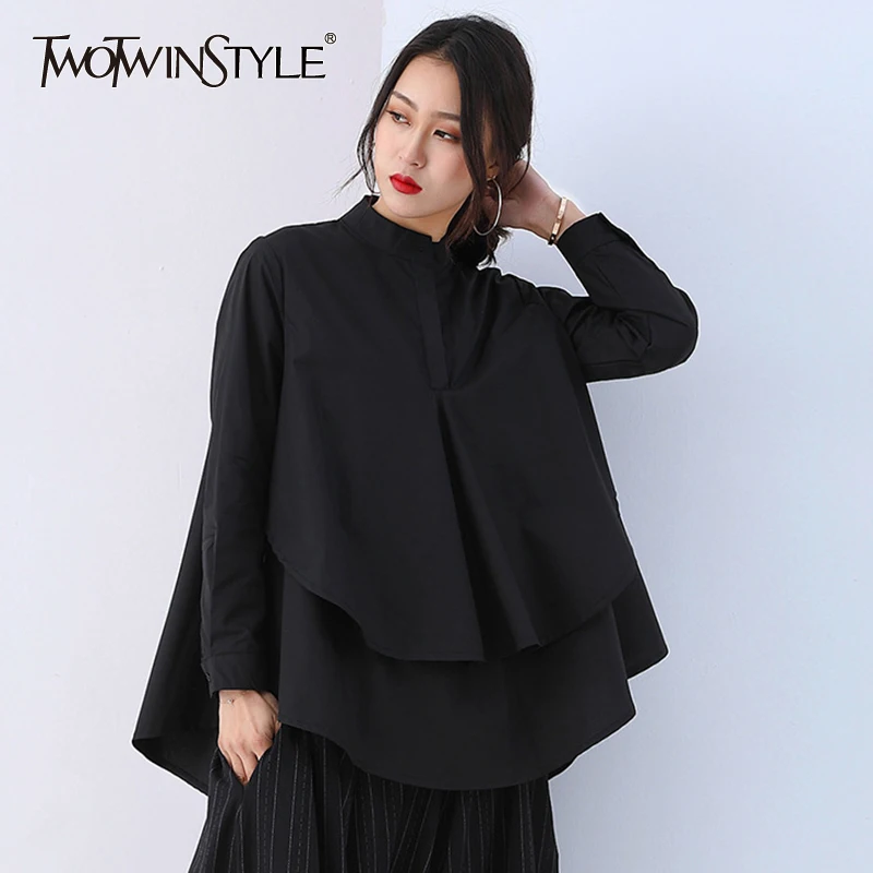 

TWOTWINSTYLE Batwing Shirt For Women Stand Collar Long Sleeve Patchwork Split Asymmetrical Blouse Female 2019 Fashion Sweet Tops