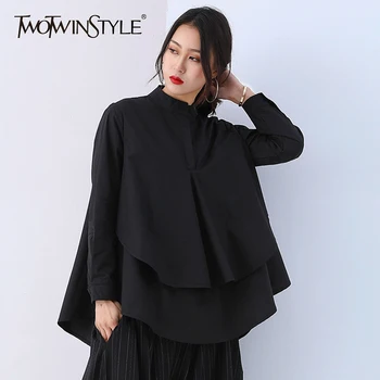 

TWOTWINSTYLE Batwing Shirt For Women Stand Collar Long Sleeve Patchwork Split Asymmetrical Blouse Female 2020 Fashion Sweet Tops
