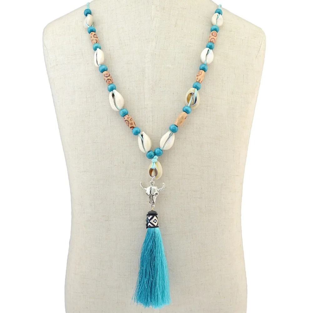 2017 Boho Long Bead Tassel Necklace Women Shell Cow Head Pendants