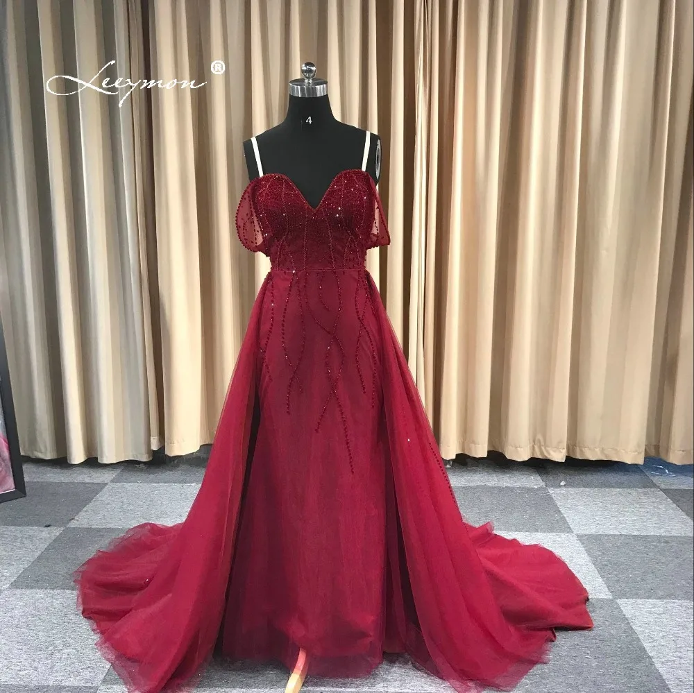 

Leeymon 2019 Custom Made Evening dress Off-Shoulder with Straps beading Floor-Length Dark Red