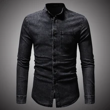 Весна-Осень, Высококачественная джинсовая рубашка, мужская повседневная приталенная рубашка с длинным рукавом и карманом, черная, синяя, Hombre блуза D2867