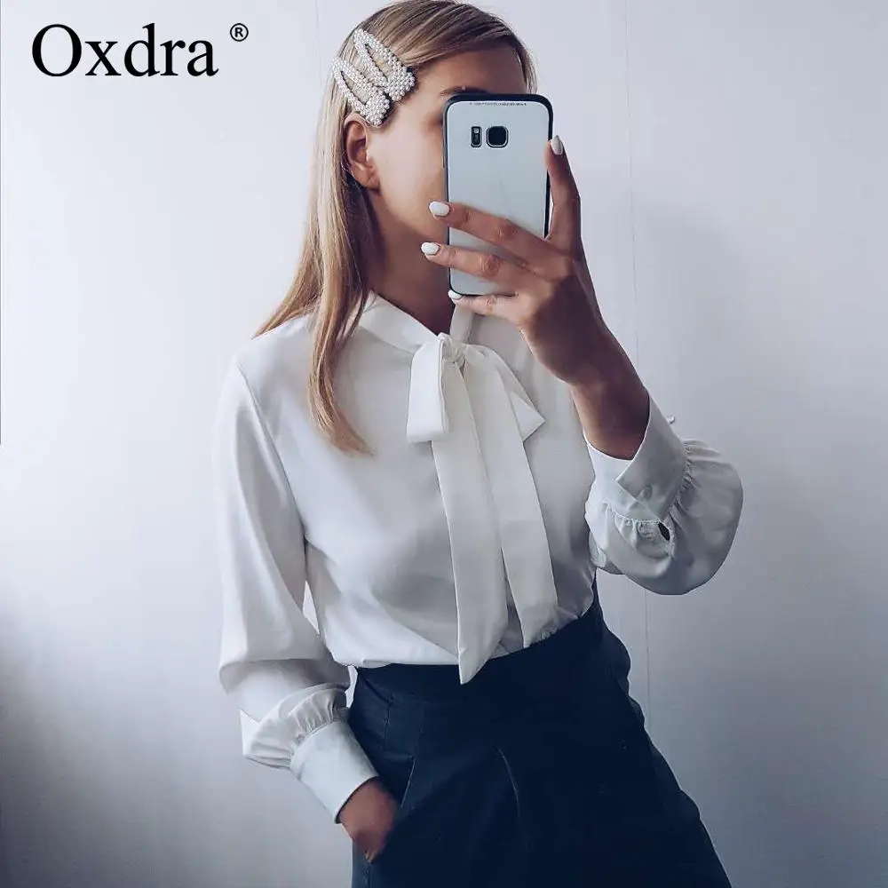 Oxdra 2019 Весна Осень Новые кружевные шифоновые блузки блуза с бантом Свободные