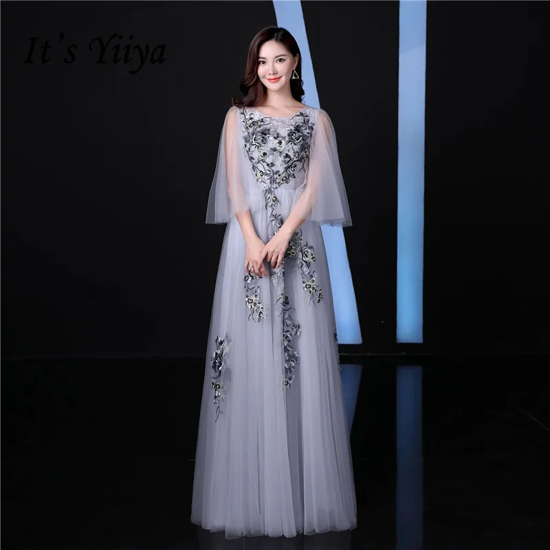 

It's YiiYa Three Quarter Sleeve O-neck Embroidery I Luxury Party Formal Dress Floor Length Evening Dress LX158
