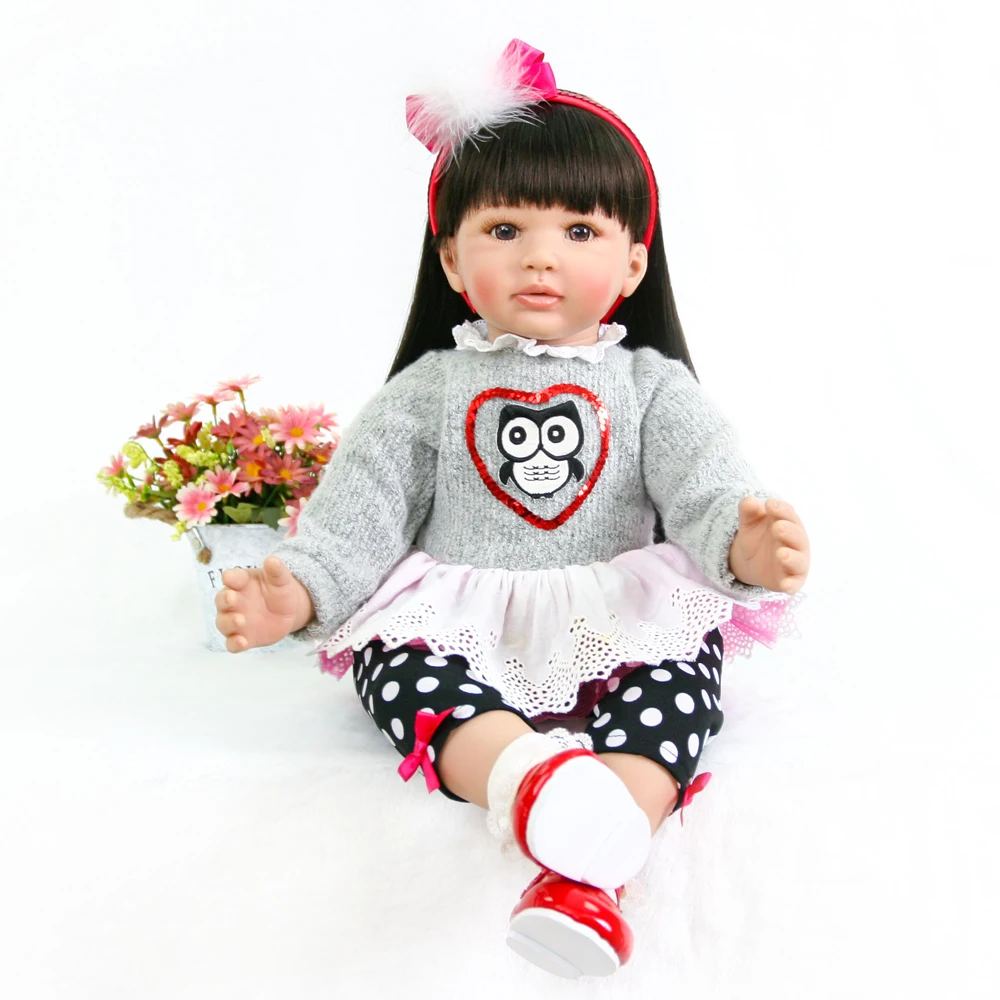 

24" soft Handmade 3/4 Silicone vinyl Lifelike Baby Bonecas girl in Gray cartoon dress kit DIY toy bebe doll reborn menina de