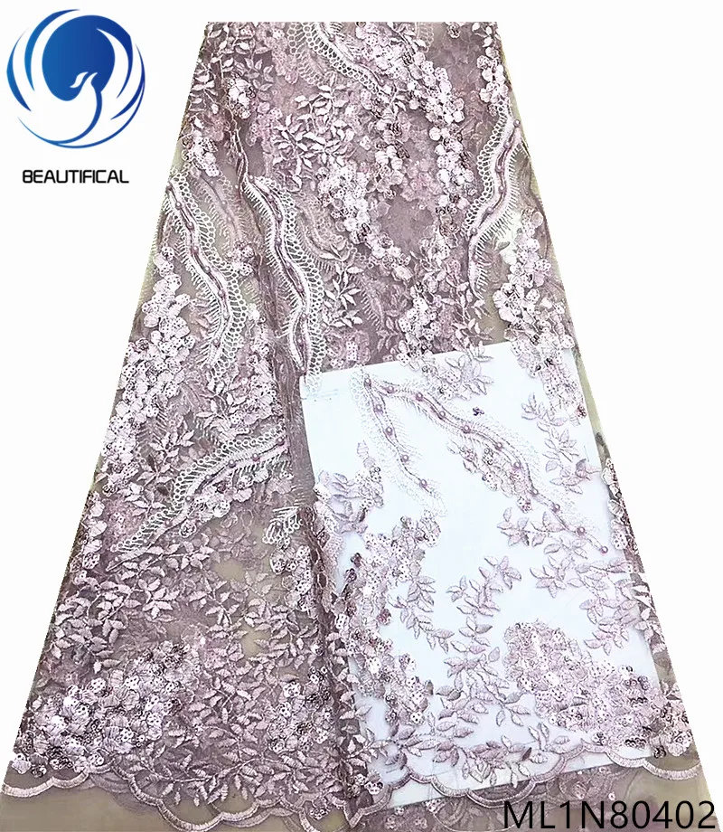 

BEAUTIFICAL nigerian lace fabrics Latest embroidery flowers net lace fabric with sequins for dress 5yards free shipping ML1N804
