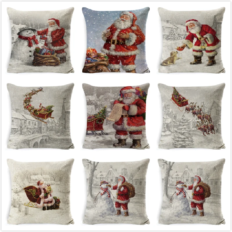 

Merry Christmas Pillow Cover Linen Santa Printing Pillow Cases Sofa Cushion Cover Home Decoration Christmas Pillowcase