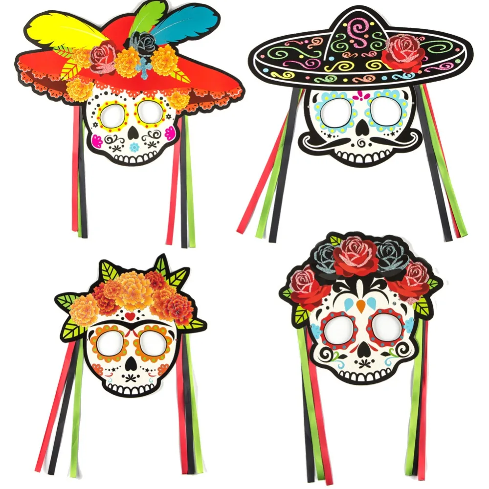 

Fun Skull Elastic Mask Hanging Swirl Glitter Decorations Mexican Fiesta Day of the Dead Party Halloween Kids Adult Toys New