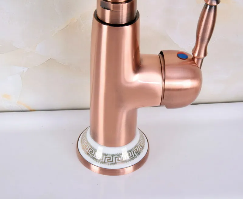 Antique Red Copper Brass Ceramic Base Kitchen Wet Bar Bathroom Vessel Sink Faucet Single Hole Swivel Spout Mixer Tap anf626