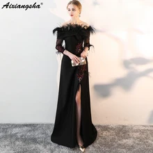 Penas Vestido de Fenda alta Vestido De Noite Elegante Longo Preto Bordado vestido de festa longo Abendkleider robe longue Plus Size