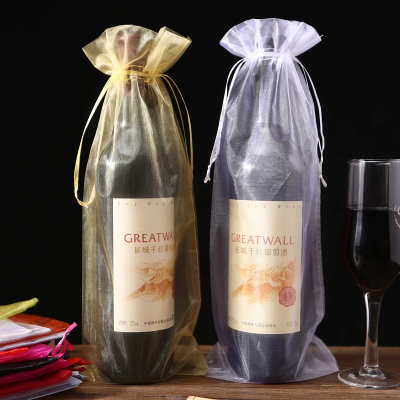 500pcs 15x37cm Gold Drawstring Organza Wine Bags For Wedding Party Gift