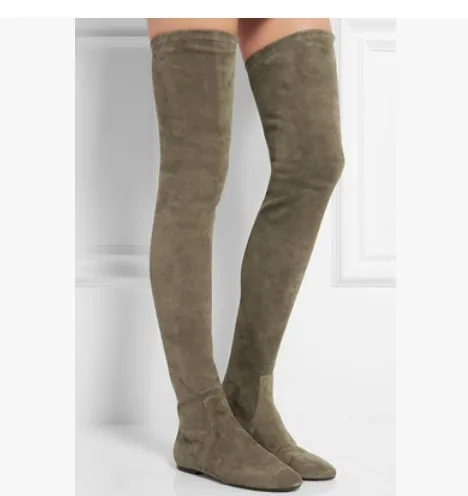 Botas mujer invierno/Модные Черные Сапоги выше колена из флока женские эластичные носок из тонкого материала женские ботинки на плоской подошве на не сужающемся книзу массивном каблуке
