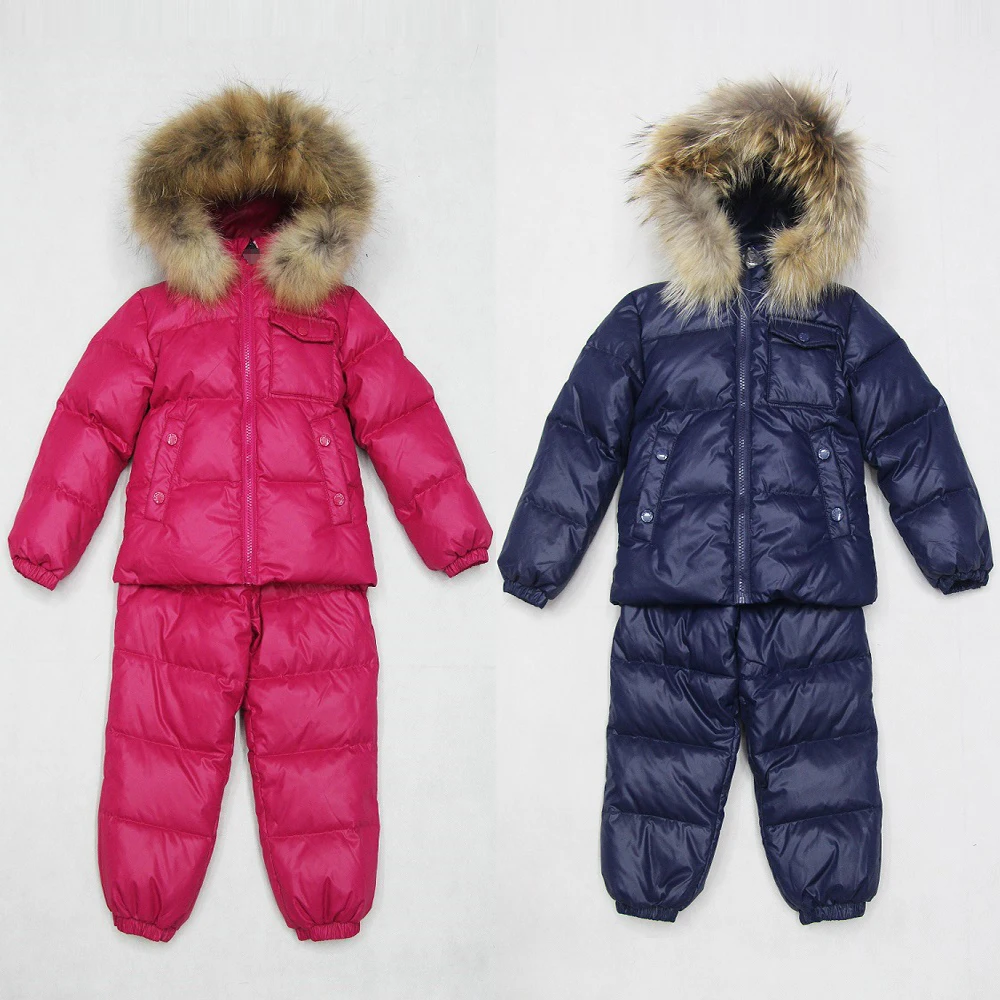 

Autumn Winter Baby Down Coats Turtleneck Snow Wear Children Down Jackets with Pants Natural Fur on Hat