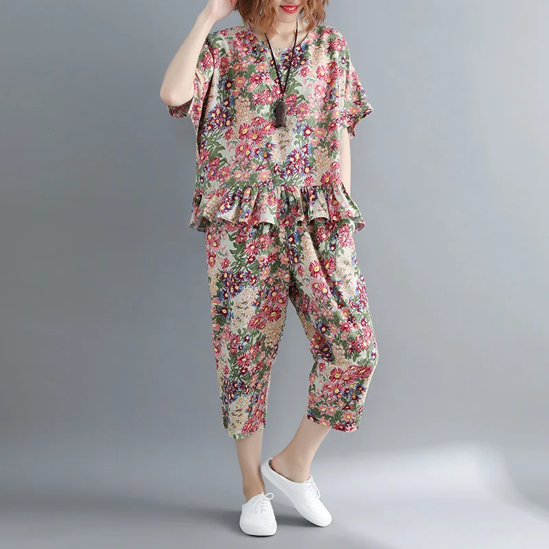 

2018 summer new cotton and linen women floral t-shirts and pant fashion printed clothing suits