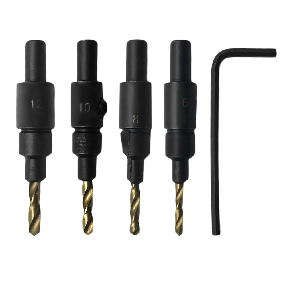 4pcs Ti Tapered Drill Countersink Drill Bit Screw Set Wood Pilot Hole